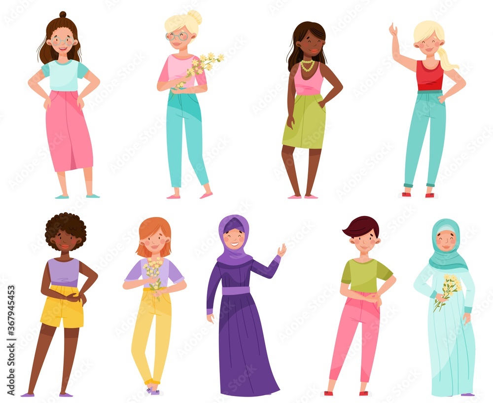 Happy Women Wearing Different Clothes and with Different Hairstyle in Standing Pose Vector Illustration Set