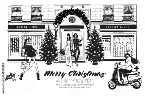 Christmas boutique facade with holidays decoration, fashion women in modern winter outfits posing at shop front with bags. Black and white vector illustration. Fashion New year season's greeting card.