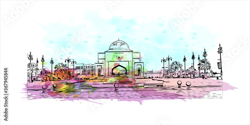 Building view with landmark of Abu Dhabi, the capital of the United Arab Emirates. Watercolor splash with hand drawn sketch illustration in vector.