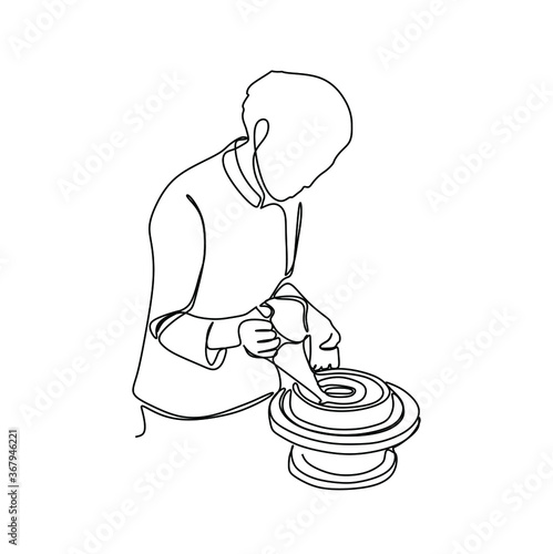 A young female baker chef decorates the cake. Continuous one line drawing. Vector illustration