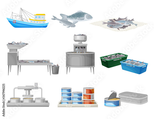 Fish Production with Commercial Fishery and Canning Vector Illustration Set