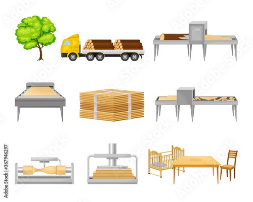 Wooden Furniture Production from Tree to Carving and Assembling Furniture Vector Set