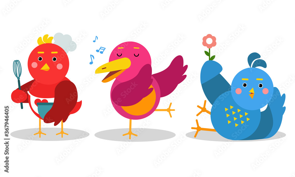 Funny Cartoon Birds Tweeting and Cooking Vector Set