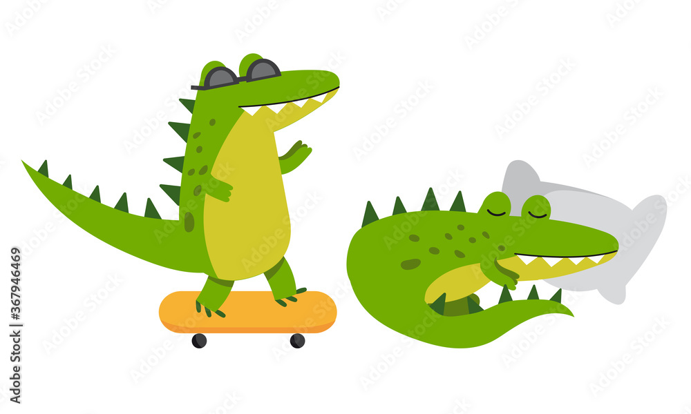 Fototapeta premium Cute Green Crocodile Sleeping on Pillow and Skateboarding Vector Illustration Set