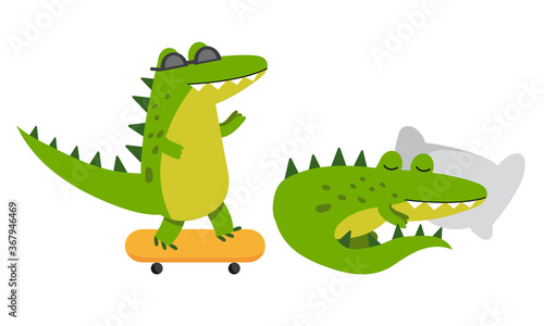 Cute Green Crocodile Sleeping on Pillow and Skateboarding Vector Illustration Set © Happypictures