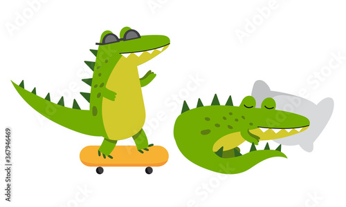 Cute Green Crocodile Sleeping on Pillow and Skateboarding Vector Illustration Set