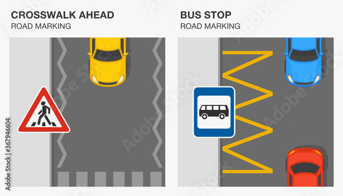 Road markings meaning. Approaching a pedestrian crossing and bus stop markings. Traffic sign rule. Flat vector illustration template.