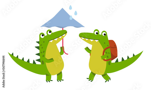 Cute Green Crocodile Walking with Backpack and Holding Umbrella Vector Illustration Set