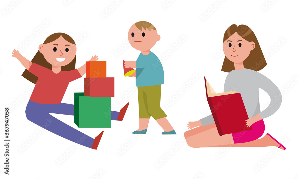 Young Woman Reading Book and Her Kids Playing with Toy Blocks Vector Illustration Young Woman Reading Book and Her Kids Playing with Toy Blocks Vector Illustration