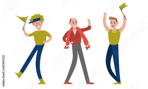 Man Characters Sports Fan Holding Flags Vector Illustration Set