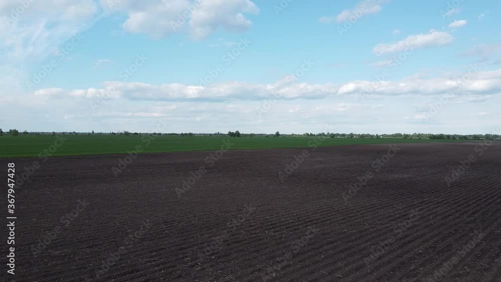 Vast farmland on a sunny day, aerial view. Sown agricultural field Vast farmland on a sunny day, aerial view. Sown agricultural field