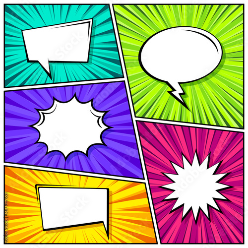 Cartoon comic backgrounds set. Speech bubble. Comics book colorful poster with radial lines. Retro Pop Art style. Vector illustration.