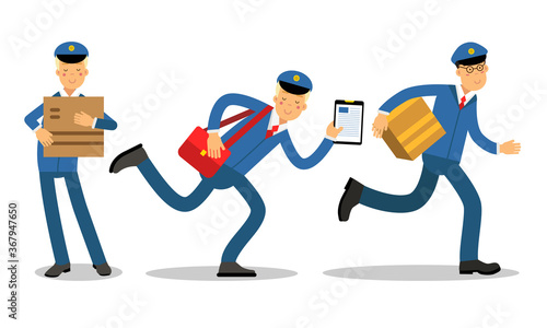 Postman Wearing Uniform Engaged in Daily Routine Vector Illustration Set