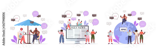 set mix race people reading newspapers discussing daily news chat bubble communication concept full length horizontal vector illustration