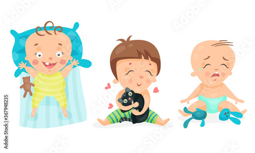 Little Baby Rested on Bed and Hugging Cat Vector Illustration Set