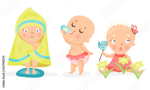 Toddler or Baby Drinking Milk from Bottle and Catching Butterflies Vector Illustration Set