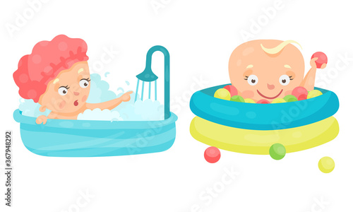 Toddler or Baby Playing with Balls and Bathing in Bathtub Vector Illustration Set