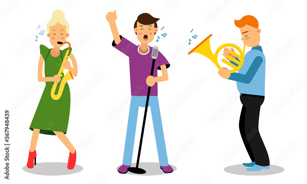 People Characters Musicians Playing Musical Instruments And Singing On Stage Vector Illustration Set People Characters Musicians Playing Musical Instruments And Singing On Stage Vector Illustration Set