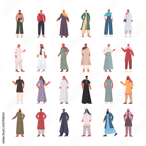 set arabic men women in traditional clothes arab male female cartoon characters collection full length isolated vector illustration