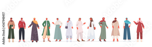 set arabic women in traditional clothes arab female cartoon characters collection full length isolated horizontal vector illustration