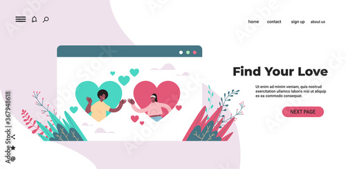 man woman chatting in online dating app african american couple with hearts in web browser window social relationship communication concept portrait horizontal copy space vector illustration