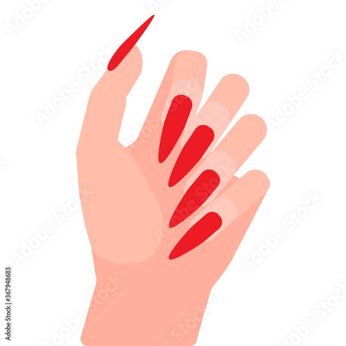 Long red nails on woman hand. Nail extension, extreme length. Cover your nails with red polish. Girl loves manicure. Vector illustration on white background
