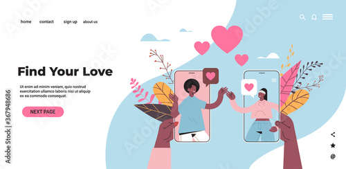 man woman chatting online mobile dating app african american couple discussing during virtual meeting social relationship communication concept horizontal copy space vector illustration