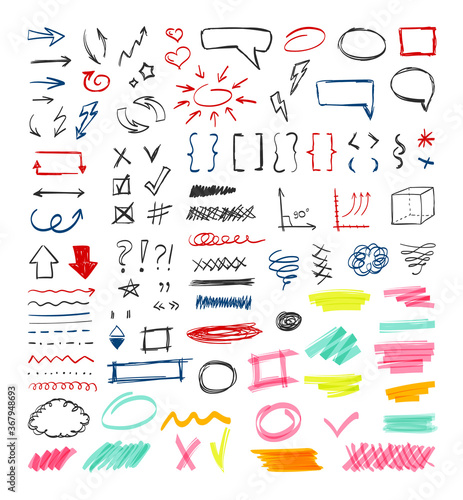 Handdrawn colored pen marker design sketch elements set. Curved direct arrows geometric figures lightning braces curly underlines conversational frames abstract swirl patterns. Color vector doodle.