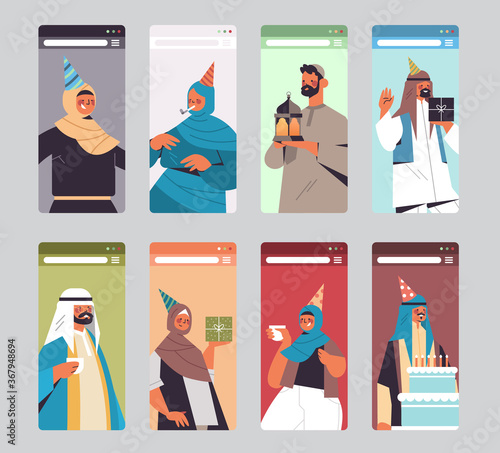 set arabic people in festive hats celebrating online birthday party celebration self isolation quarantine concept arab men women having fun smartphone screens collection portrait vector illustration