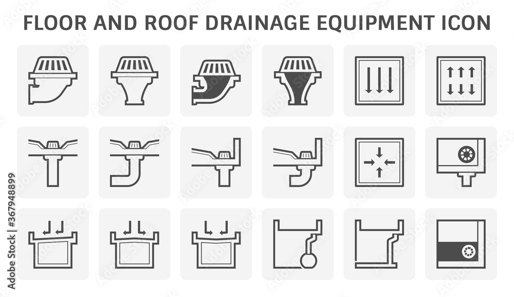 Floor and roof deck drainage equipment vector icon set design on white background