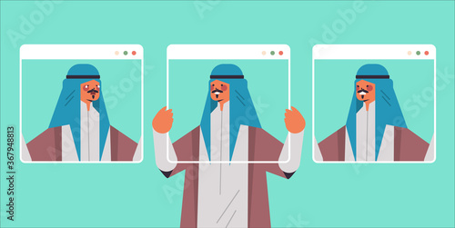 arab man holding web browser windows with different masks guy covering face emotions fake feeling depression mental disorder concept portrait horizontal vector illustration