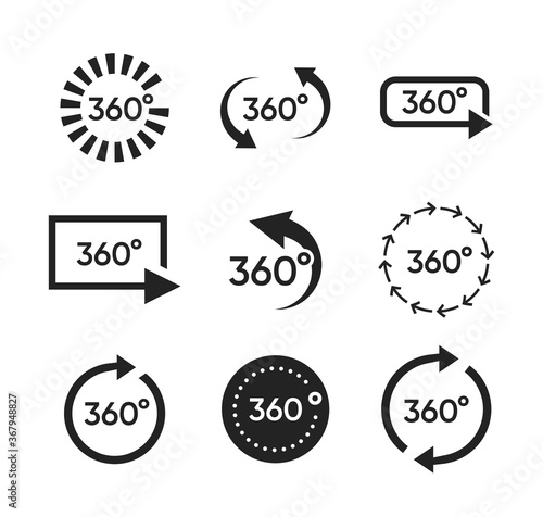 Set of logos with 360 degrees arrows. Panorama symbols, panoramic overview signs with round rotating arrows. Can be used for virtual reality, simulation, 3d tour concept