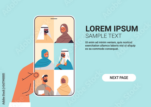 human hand holding smartphone chatting with arabic friends during video call arab people having virtual live conference communication concept horizontal copy space vector illustration