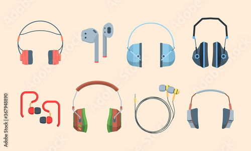 Headphones set. Stylish headset listening audio files and music special gamers streaming portable mobile for smartphones modern wireless excellent sound quality availability. Digital vector.