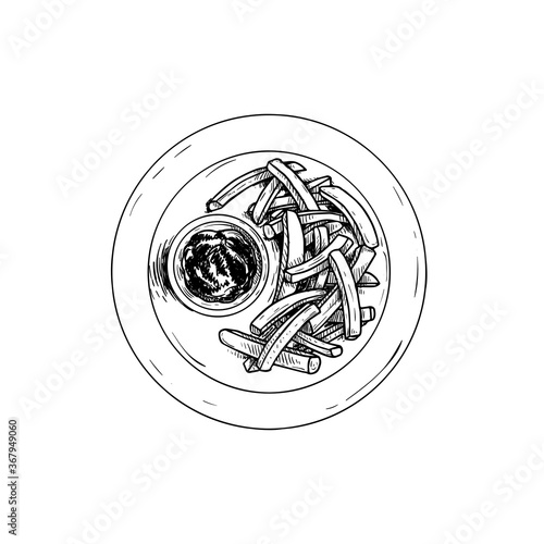 French fries potato on plate with tomato sauce. Top view. Fries with ketchup. Sketch style hand drawn illustration. Fast food artwork. Vector image isolated on white.
