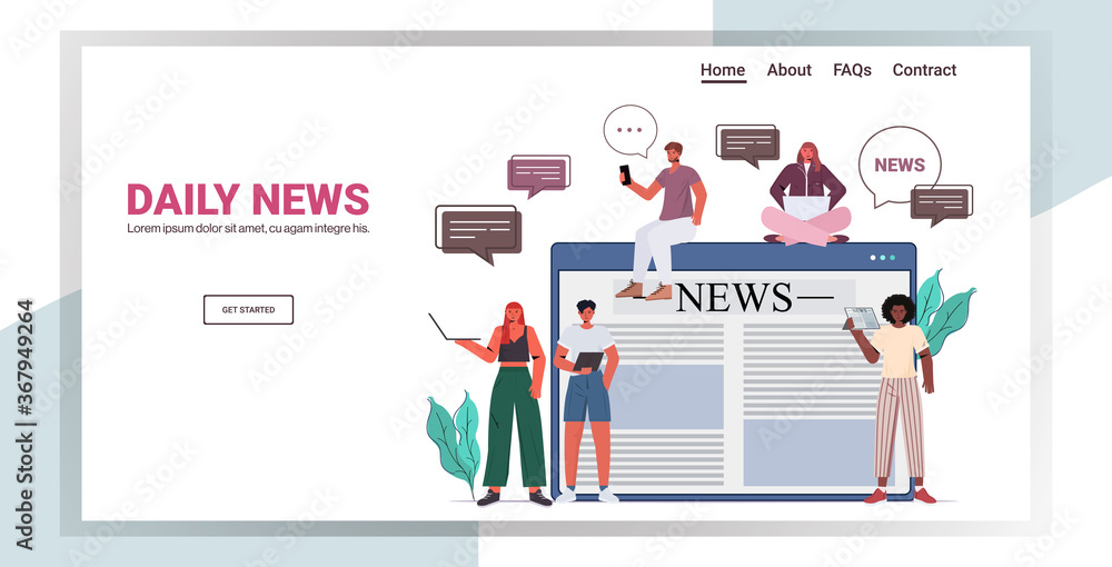 businesspeople reading news on digital gadgets mix race people discussing daily news chat bubble communication concept full length horizontal copy space vector illustration