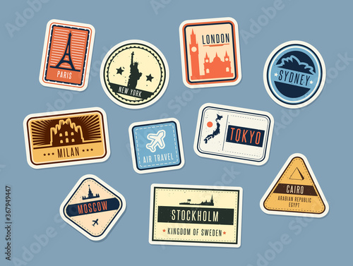 Travel badges set. Vintage stickers with city names and sights. Vector illustration for summer vacation, holiday, tourism concepts, touristic label templates photo
