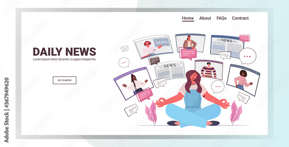 woman sitting lotus pose discussing daily news with friends in web browser windows chat bubble communication concept people having virtual conference horizontal copy space vector illustration