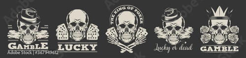 Gambling logos set. Vector illustration in vintage style of skulls in gangster top hats or crown with playing cards and text samples. Can be used for poker club labels, casino concept