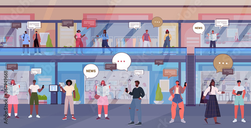 people discussing daily news during meeting in shopping mall chat bubble communication concept mix race visitors walking in retail store full length horizontal vector illustration