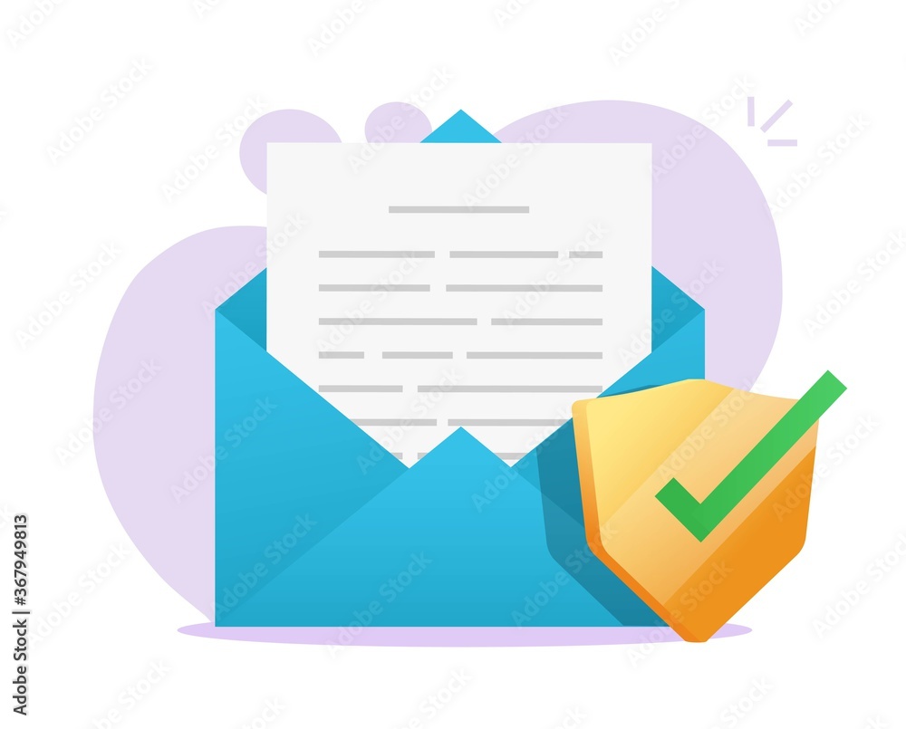 Email document secure shield icon on electronic mail letter text file on laptop computer, digital protection symbol vector flat cartoon illustration, antivirus security software verified modern symbol Email document secure shield icon on electronic mail letter text file on laptop computer, digital protection symbol vector flat cartoon illustration, antivirus security software verified modern symbol
