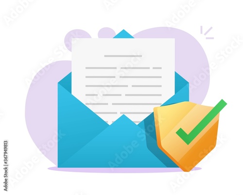 Email document secure shield icon on electronic mail letter text file on laptop computer, digital protection symbol vector flat cartoon illustration, antivirus security software verified modern symbol