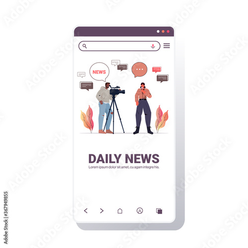 male operator with female reporter presenting live news journalist and cameraman doing report together movie making concept smartphone screen copy space vector illustration