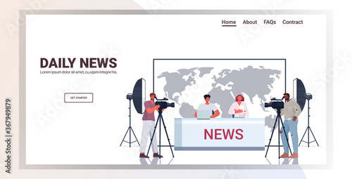 presenters broadcasting with cameramen on television people discussing daily news at modern tv studio horizontal full length copy space vector illustration