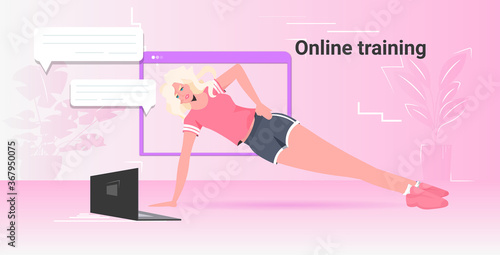 young woman doing yoga fitness exercises online training healthy lifestyle concept girl watching tutorials on laptop horizontal copy space vector illustration