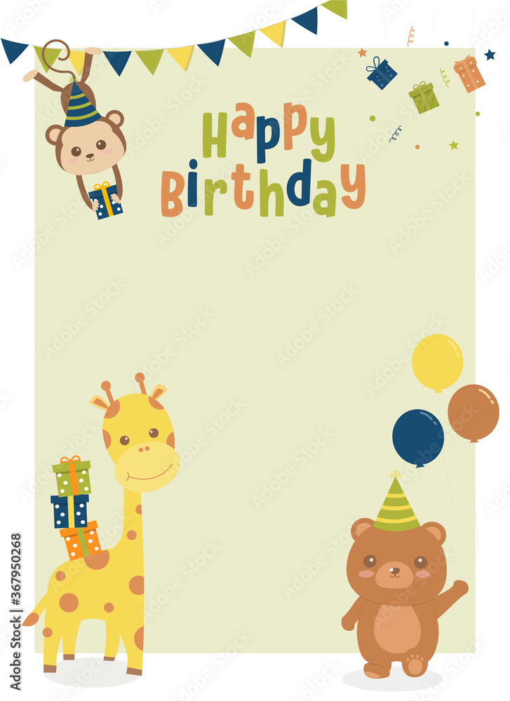 Fototapeta premium The monkey is holding a gift box, the giraffe has a gift box on the back, the bear is walking, holding a balloon, Green Animal birthday card with text space, Cute Birthday invitation card, 
