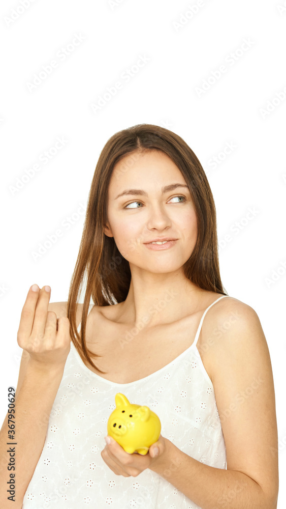 pretty girl with yellow piggy bank. Save mony concept. Moneybox financial investment. Woman investor portrait. pretty girl with yellow piggy bank. Save mony concept. Moneybox financial investment. Woman investor portrait.