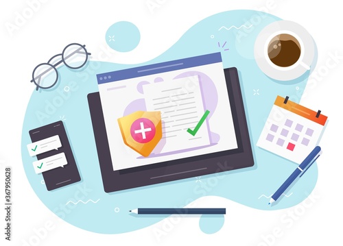 Life insurance policy vector, health medical coverage electronic document online form or digital patient healthcare medicare risk protection claim with shield checkmark flat cartoon concept