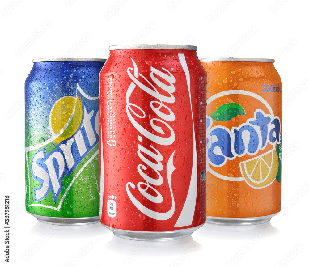 Coca-Cola, Fanta and Sprite Cans Isolated On White. Stock-Foto
