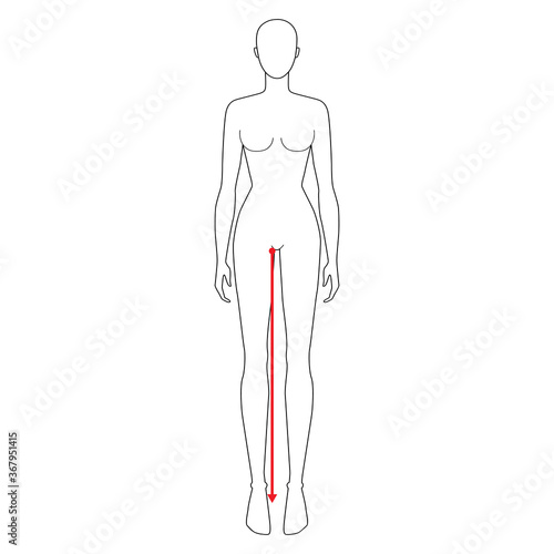 Women to do legs length measurement fashion Illustration for size chart. 7.5 head size girl for site or online shop. Human body infographic template for clothes. 